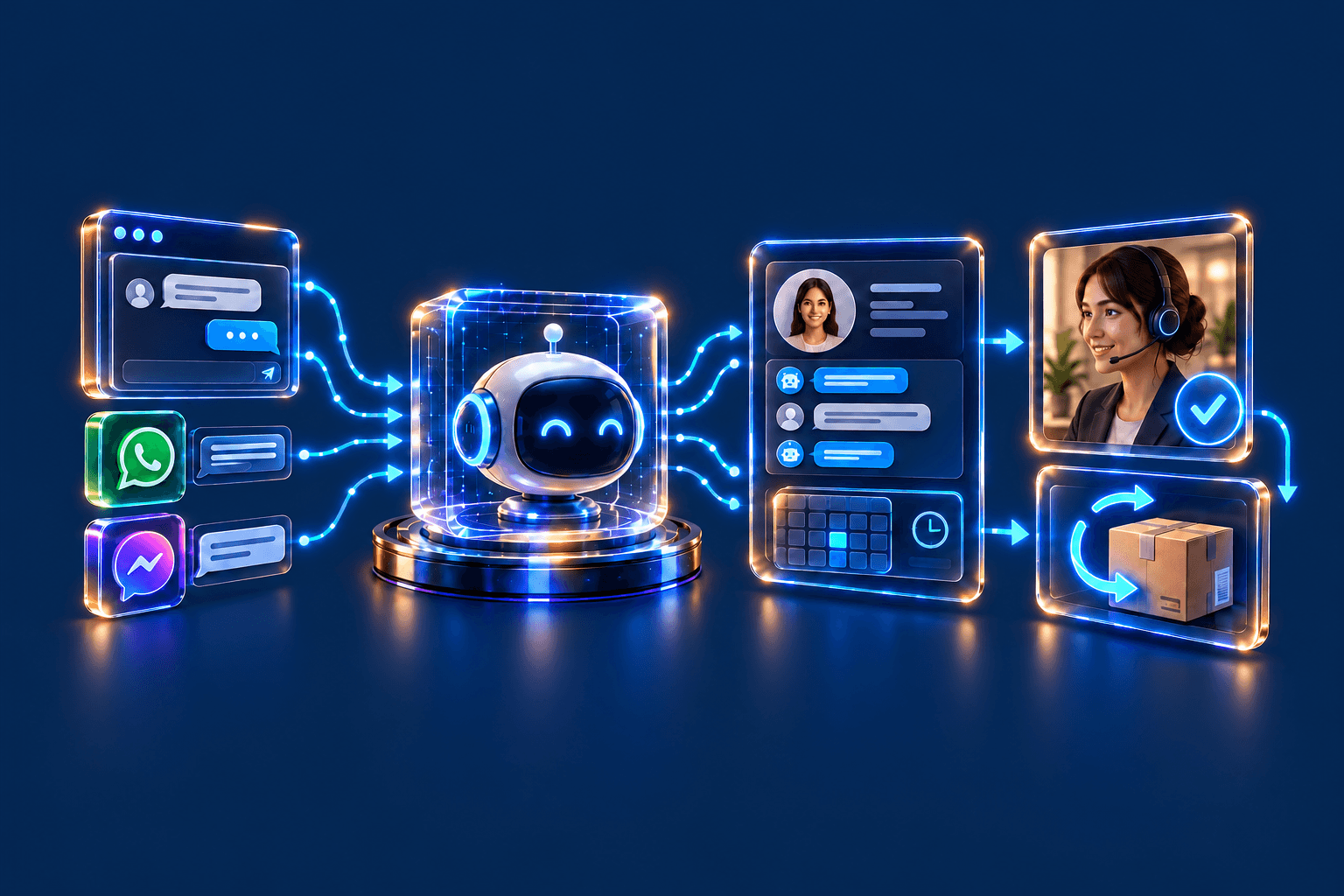 A flow connecting messaging channels to an AI chatbot, CRM, and human support