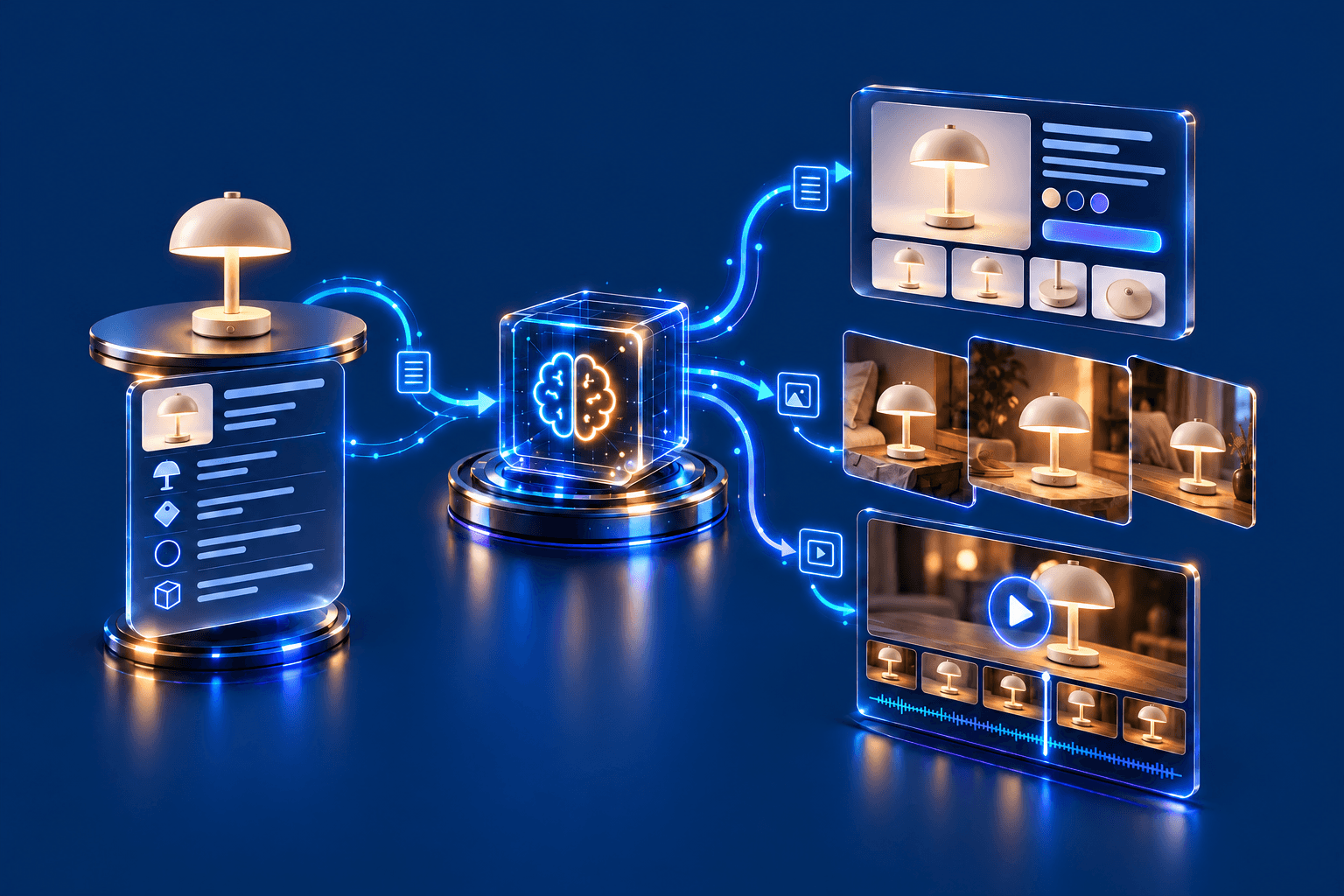 An AI workflow turning lamp product data into listings, lifestyle scenes, and video